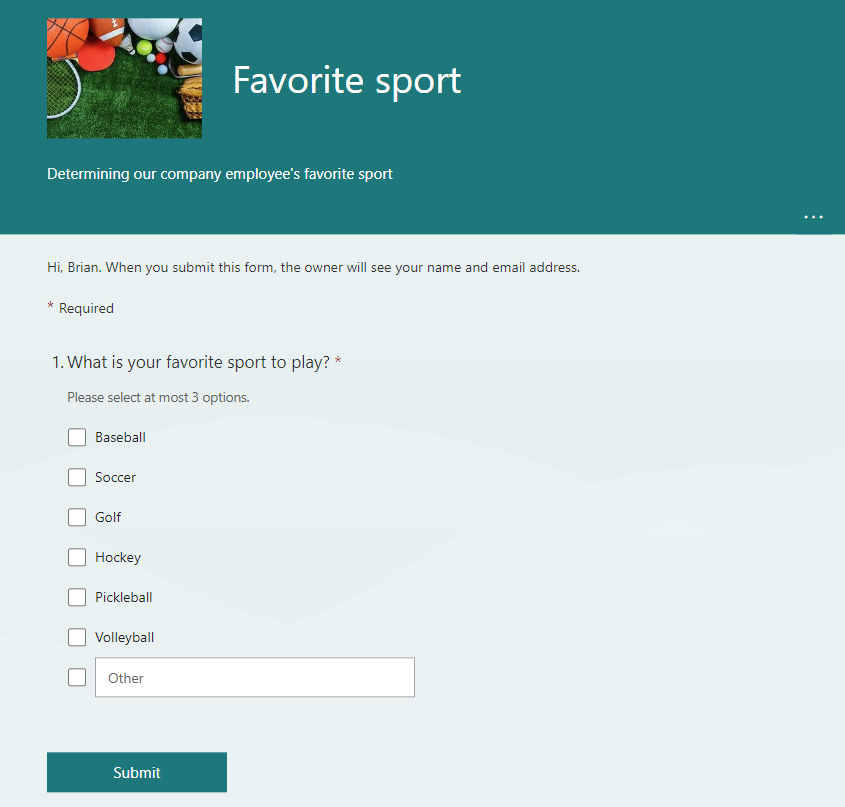 A survey showing options for choosing a favorite sport from a list (baseball, soccer, golf, hockey, pickleball, volleyball), and an option to write in another. At least one sport must be selected. 