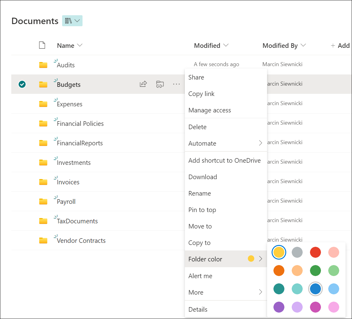 Screenshot of the 3-dot menu showing how to assign color to a folder in SharePoint