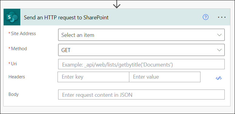 Screenshot of the form in Power Automate action “Send an HTTP request action”.