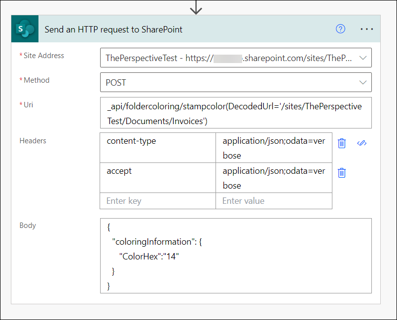 Screenshot of a filled-out HTTP request action in Power Automate to assign a color to a folder.