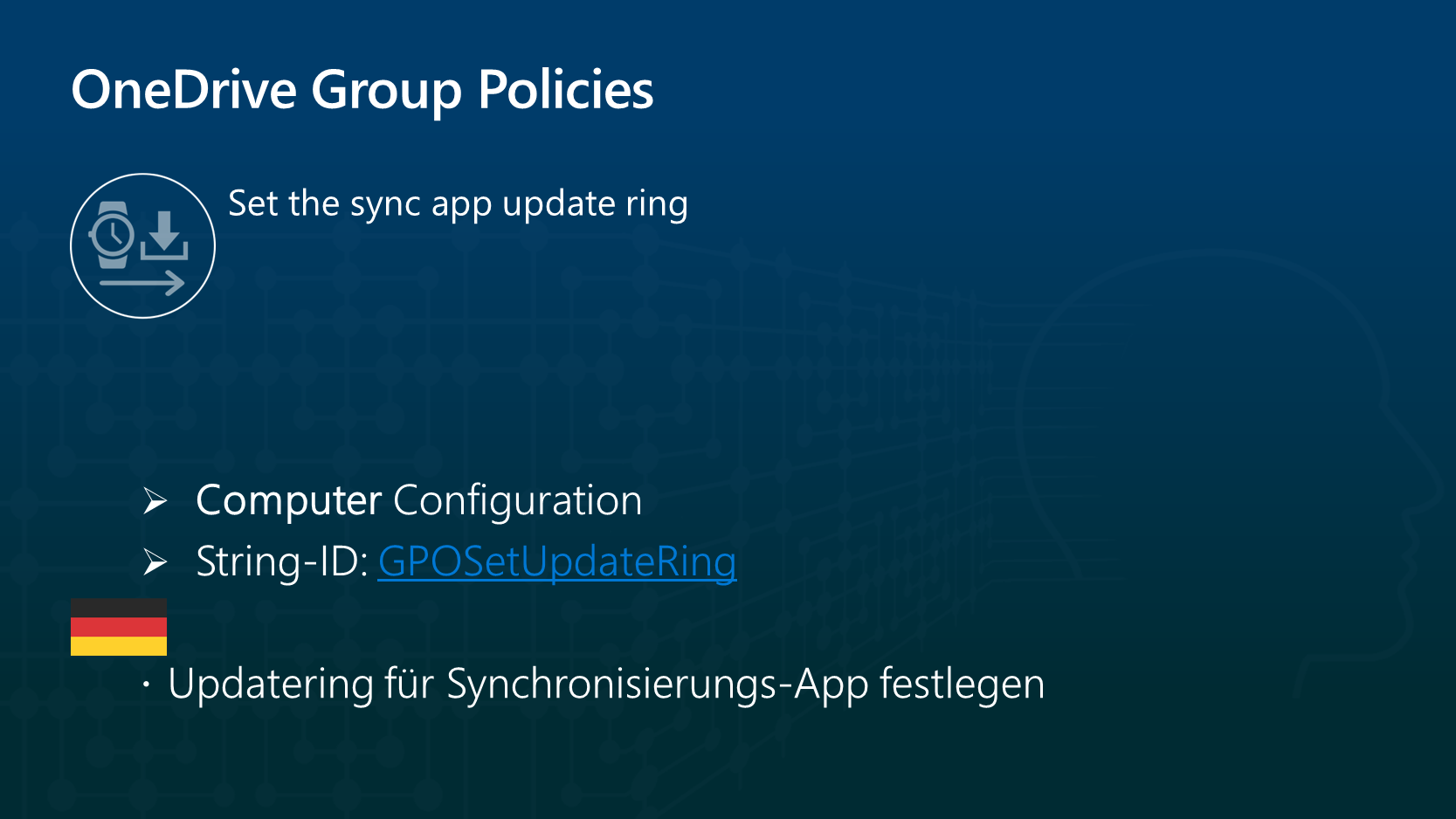 The name, the configuration and the String-ID of the Group Policy Set the sync update Ring.