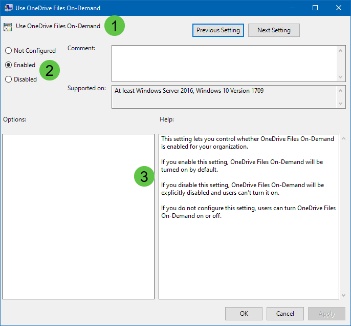 The screenshot shows the Use OneDrive Files On-Demand group policy with the numbers in green circles designating the group policy name (1), the respective state (Not Configured, Enabled, Disabled) (2) and the Help description (3).