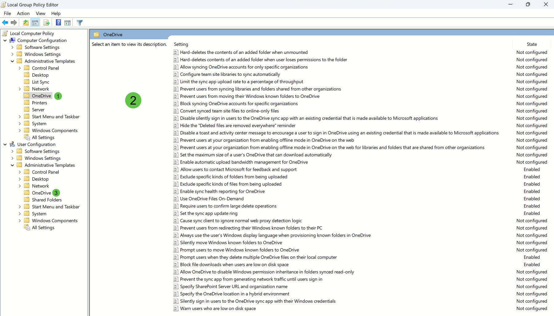 The Local Group Policy Editor with installed OneDrive group policies for the device as well as for the local user.