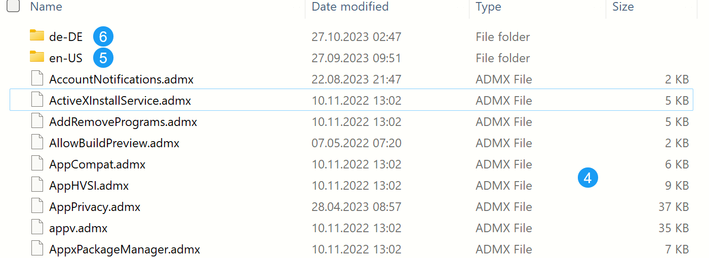Explorer view of the PolicyDefinitions folder in Windows. You need to copy admx and adml files to this folder, replacing files with the same name if they exist.