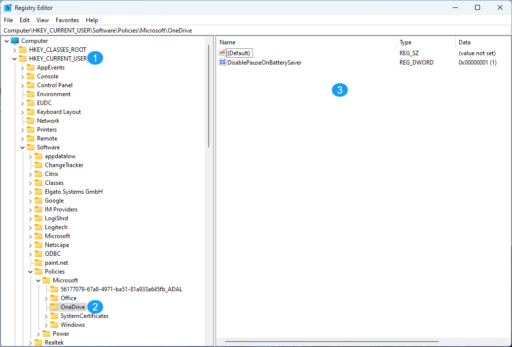 View of the branch in the registry editor that shows the user group policies for OneDrive.