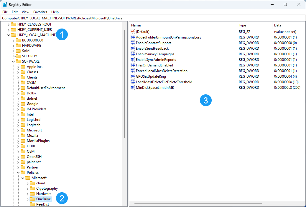 View of the branch in the registry that shows the device group policies for OneDrive.