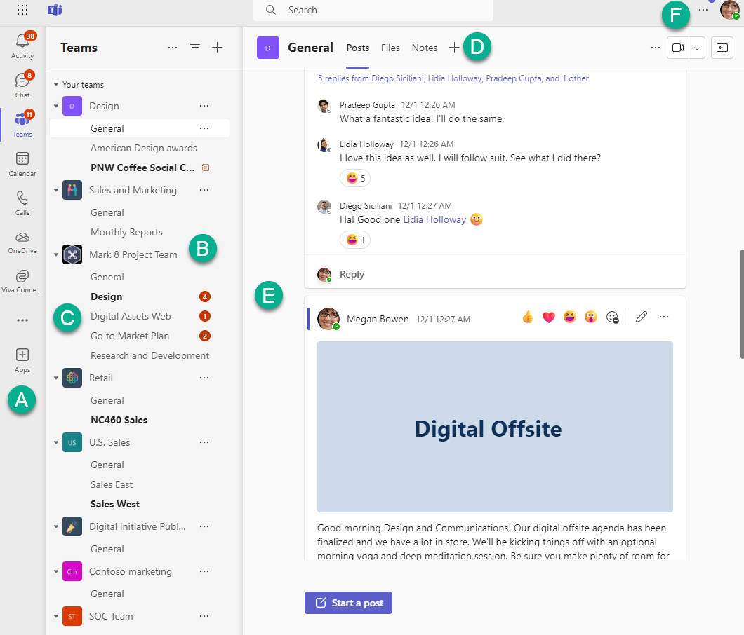 Screenshot of the Microsoft Teams landing page. Details are identified in the following list.  