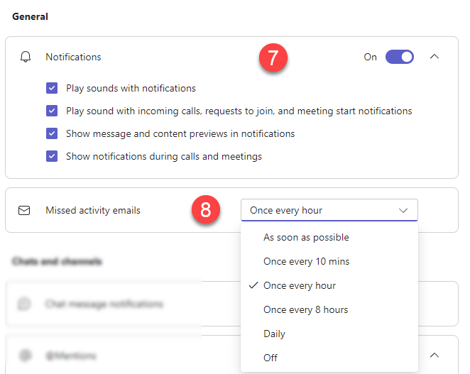 Screenshot of the General section of the notification settings window with step indicators for the Notifications options and the Missed activity emails options. Options include playing sounds and the sorts of detail you want in your notification, and a dropdown list of how often you want to receive the notifications.  