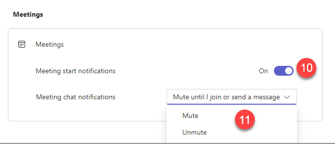 Screenshot of the Meetings section of the notification settings window with step indicators for the Meeting start notification and Meeting chat notification settings. There’s a toggle switch to turn each of those on, and there’s also Mute option dropdown. 