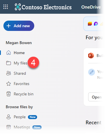 Screenshot of the menu with My Files indicated by the number 4. Other options include Home, Shared, Favorites, and the Recycle bin, a list of common browsing options, and an Add new button.  