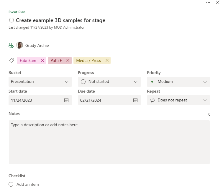Screenshot of a Planner Task card. This one is labeled “Create example 3D samples for stage” and shows assigned people/departments, progress, priority level, start and due dates, and provides room for notes. 