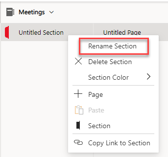 Screenshot of the context menu for with the Rename Section option outlined in red. Other options include Delete Section, Section Color (with a dropdown arrow), Page (add), Section (add), and Copy Link to Section.  