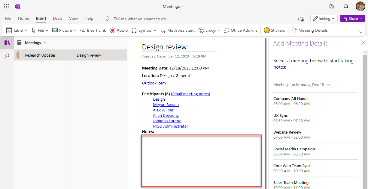 Screenshot of the OneNote page with meeting details and an open space for your notes outlined in a very Christmassy red. 