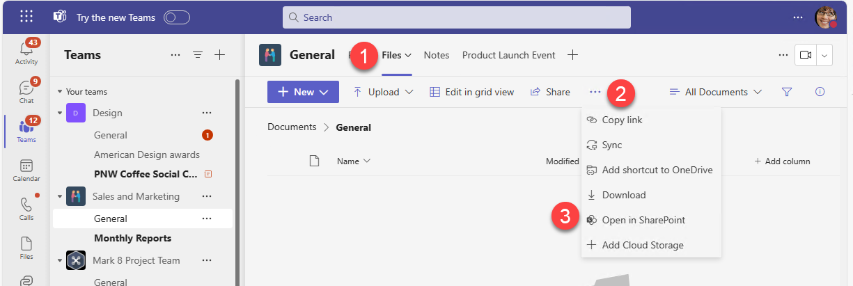 Screenshot of Microsoft Teams with step indicators for the File tab, More Options menu (which is an ellipses), and the Open in SharePoint link. 