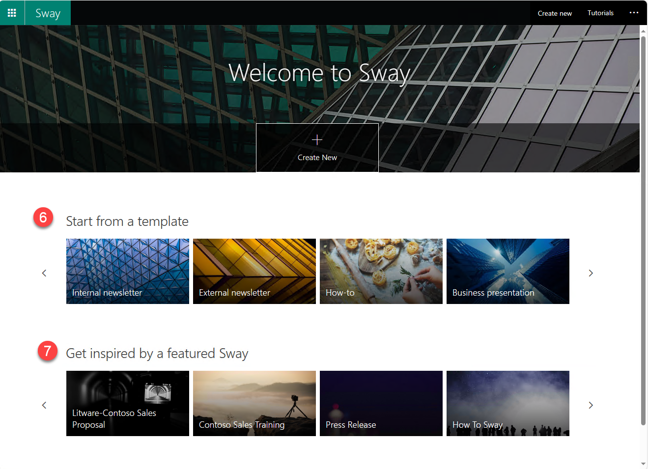 Screenshot of the Sway Welcome Screen with step indicators for the template (6) and inspiration sections (7). Visible template offerings include internal and external newsletters, how-to, and business presentation. Inspiration offerings include Litware-Contoso Sales Proposal, Contoso Sales Training, Press Release, and How to Sway.  