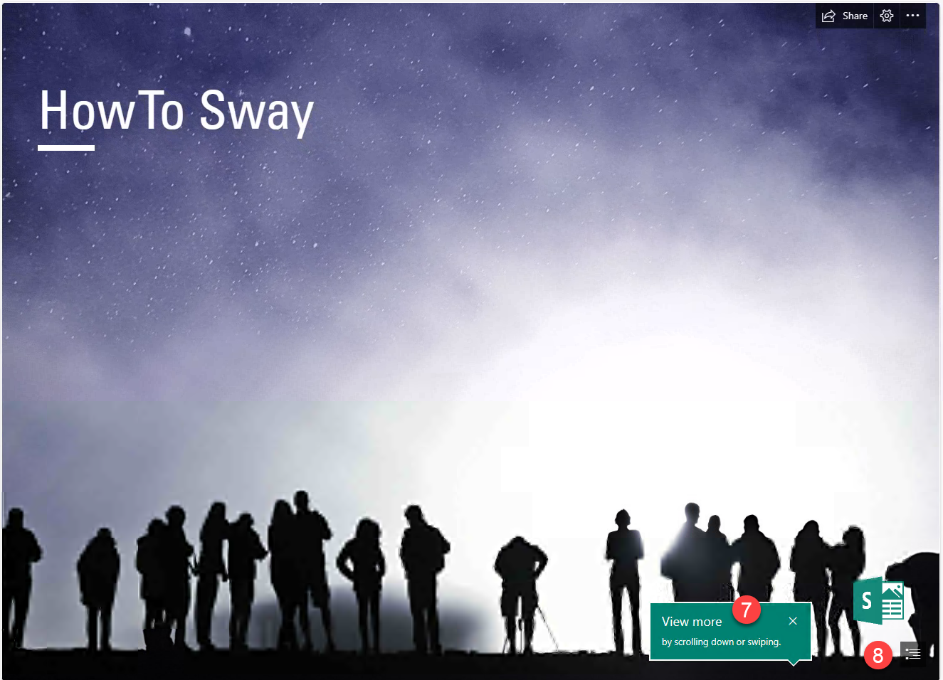 Screenshot of the home page of the How to Sway example featuring the silhouette of a crowd against a starry sky. Number 7 is on a tooltip for Viewing more, and number 8 is on a list representing a table of contents.  