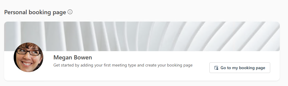 ALT: Screenshot of the Bookings page default banner with a circular headshot, a simple graphic, and some replaceable text. You can click the 