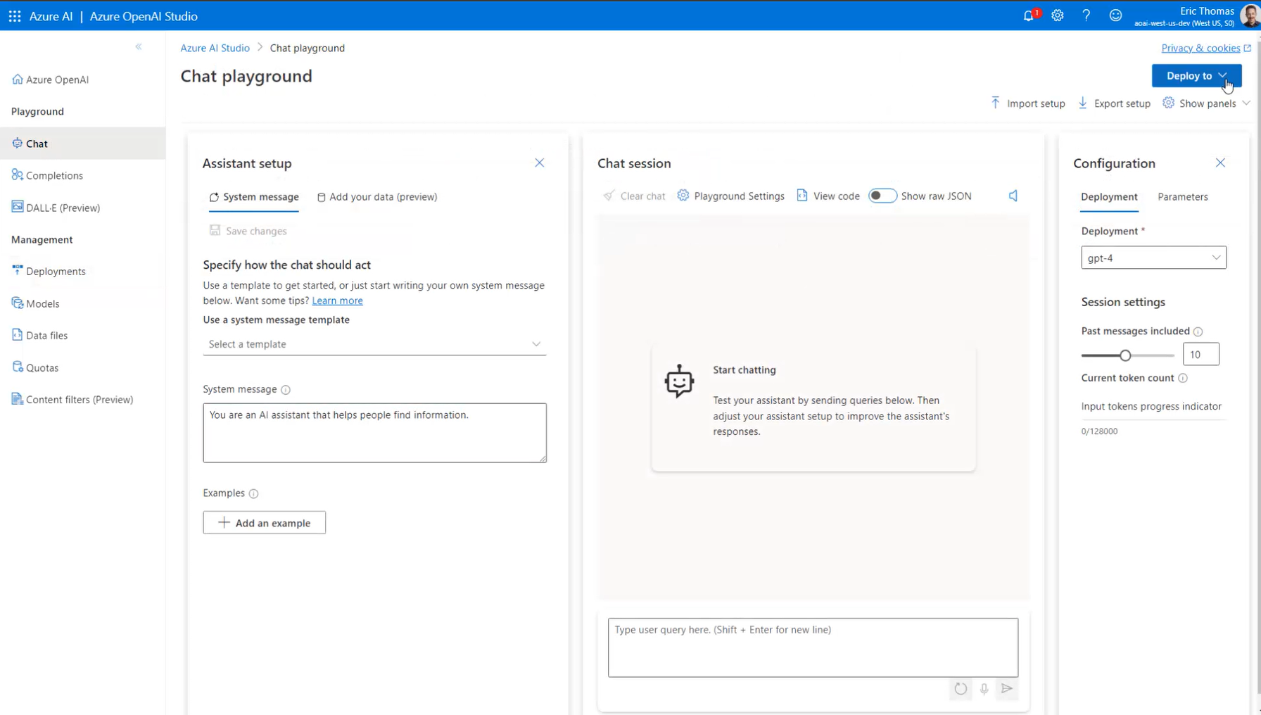 Screenshot of the Azure OpenAI Studio Chat playground, which includes the panels Assistant setup (left), Chat session (center) and Configuration(right). 