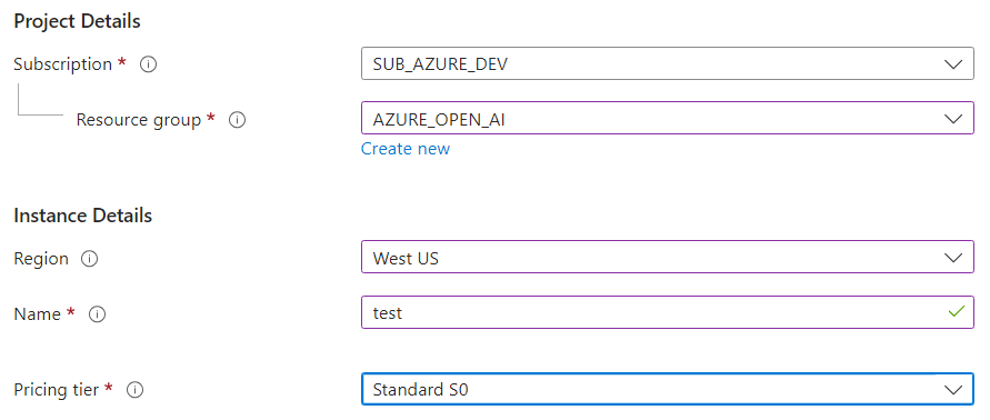 Screenshot of the Azure OpenAI configuration values.