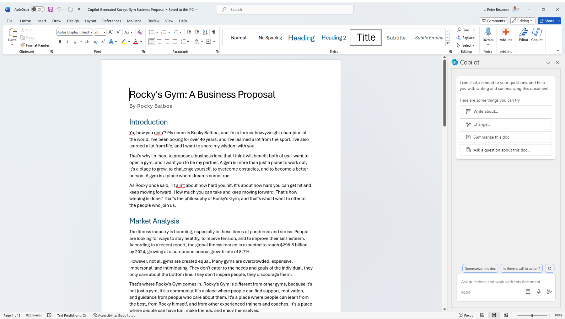 A Word document proposal written as Rocky Balboa (by Copilot).
