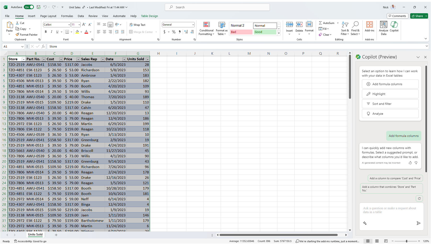 Screenshot of Microsoft Excel with Copilot on, allowing you to use text prompts to have Copilot create formulas.