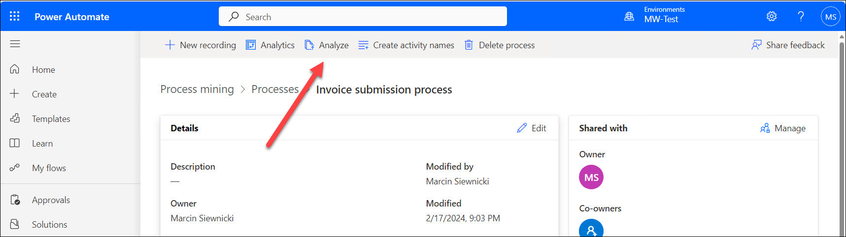Screenshot with a red arrow showing where to start analyzing the process you recorded.
