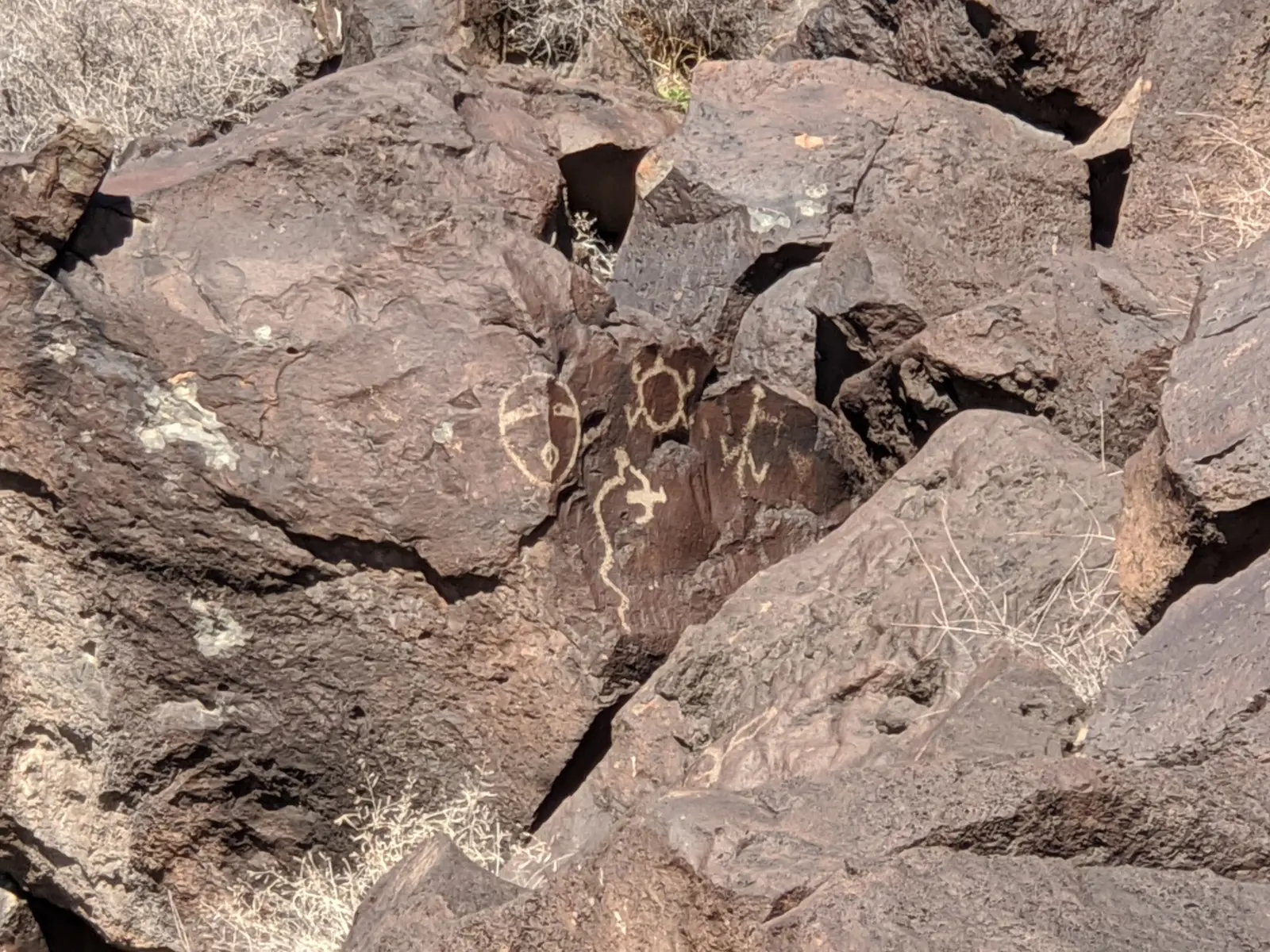 A jumble of dark brown basalt boulders, one carved with pale outlines of a divided circle, a four-legged figure, a long wavy snake, and a zigzag shape